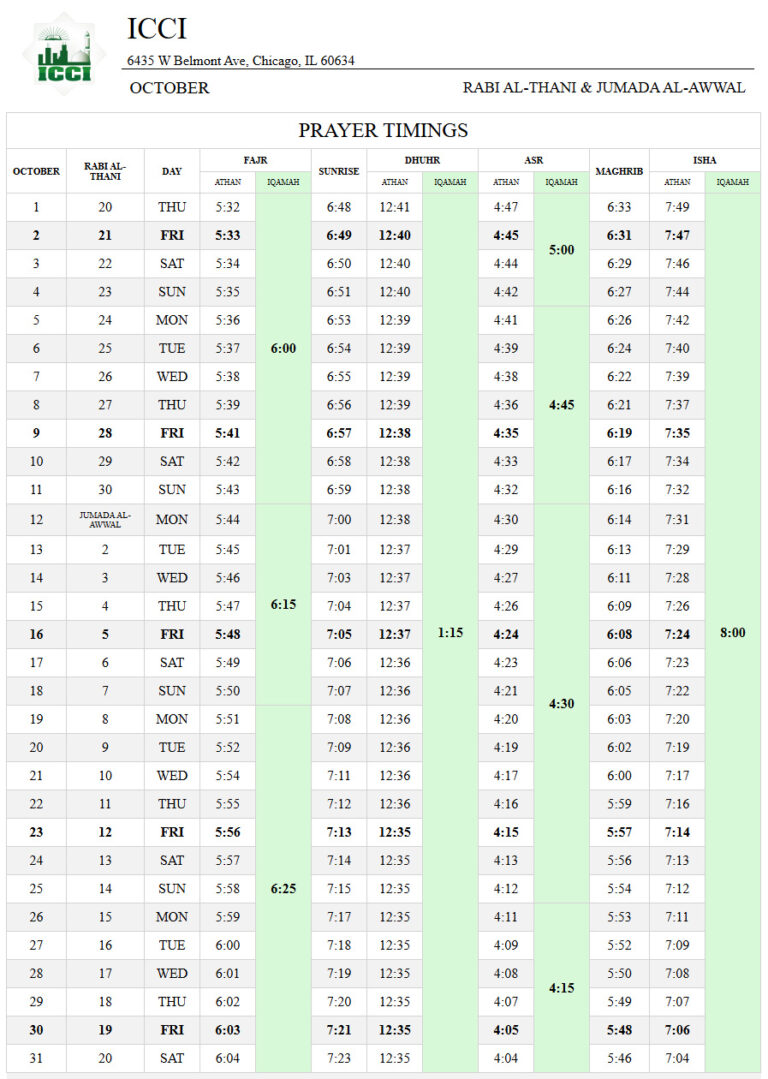 OCTOBER - PRAYER TIMINGS